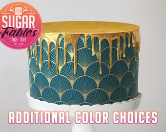 Imagen comestible Art Déco, envoltorio para pastel Jewel Tones, hoja de glaseado de múltiples colores en oro falso. decoración de fiesta de los años 20