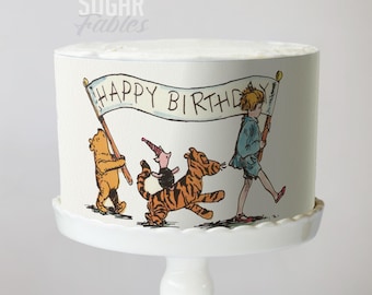 Winnie the Pooh Cake Wrap Happy Birthday Banner Edible Image Piglet Tigger & Classic Bear Frosting Sheet Kids Party Decor Baby Shower Topper