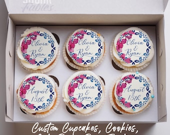 Custom Cupcake Mediterranean Blue Tile Cookie Topper Elegant Ceramic Edible Image Bougainvillea Santorini Wedding & Birthday Favors
