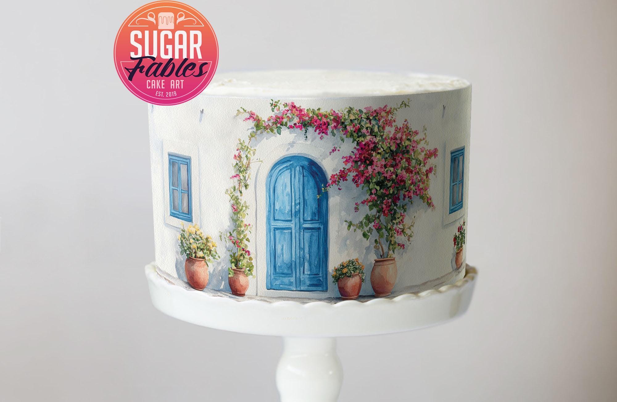 Santorini Villa Cake Wrap Mediterranean Wedding Icing Sheets Dancing Queen Edible Frosting Greek Cake Decorations Sweet Seventeen Birthday