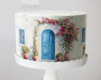 Pastel de villa de Santorini, envoltura para boda mediterránea, imágenes comestibles, glaseado de la reina del baile, decoraciones de azulejos de las islas griegas, dulces diecisiete, cumpleaños