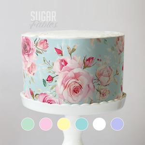 Romantic Roses Edible Cake Wrap Birthday Anniversary Roses Bridal Baby shower edible image Pink White Roses