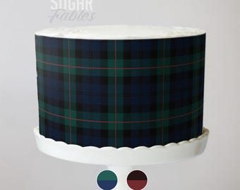 Pastel de tartán escocés, imagen comestible de Highland Lodge de invierno, hoja de glaseado rústica para boda del novio, polo navideño a cuadros tradicionales para baby shower