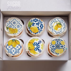 Lemon Tile Cookie Topper Italian Lemon Cupcake Italian Blue Tile Pattern Cake Pop Mediterranean Wedding Edible Party Bridal Citrus Topper