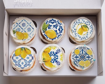 Adorno para galletas con diseño de mosaico de limón, cupcake italiano de limón, cake pop con diseño de mosaico azul italiano, decoración comestible para bodas mediterráneas, fiestas nupciales, cítricos