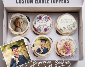 Adornos comestibles personalizados. Adorno personalizado para galletas cubiertas de chocolate. ¡Personaliza cupcakes, regalos y dulces con tu foto! Varios tamaños.