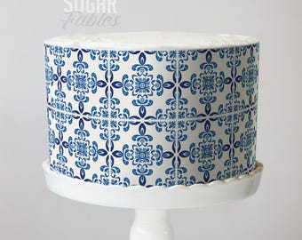 Santorini Greek Tile Pattern Edible Images Ornate Mediterranean Cake Wrap Med Island Inspired Blue Tiles Party Decorations.