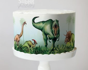 Envoltorio para pastel de dinosaurios errantes, imagen comestible para fiesta jurásica, hoja de glaseado de aventura en el mundo de los dinosaurios, decoraciones de cumpleaños de T-Rex y explorador de la jungla