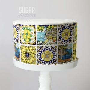 Italian Tiles Cake Wrap Amalfi Coast Edible Image  Blue & Yellow Ceramic Frosting Sheets Lemon Mediterranean For Weddings and Baby Showers