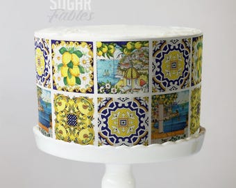 Italian Tiles Cake Wrap Amalfi Coast Edible Image  Blue & Yellow Ceramic Frosting Sheets Lemon Mediterranean For Weddings and Baby Showers