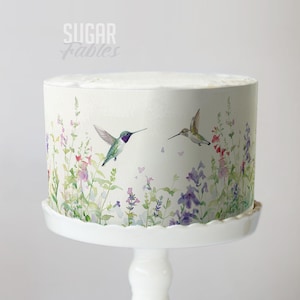 Hummingbird Wildflower Cake Wrap Watercolor Floral Edible Image Botanical Garden Birds Frosting Sheet Boho Spring Wedding Decoration