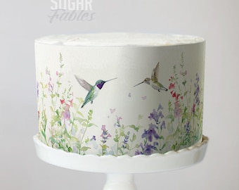 Envoltura para pastel de colibrí con flores silvestres, acuarela, imagen floral comestible, hojas de glaseado de aves de jardín botánico, decoración bohemia de boda primaveral