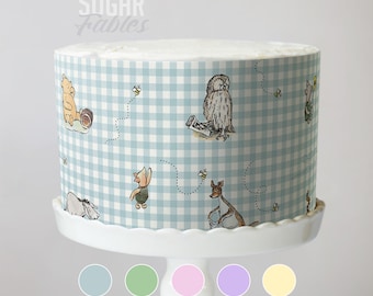 Classic Pooh Gingham Cake Wrap Vintage Pastel Baby Shower Edible Image Winnie & Piglet Characters Frosting Sheets Plaid Storybook Birthday