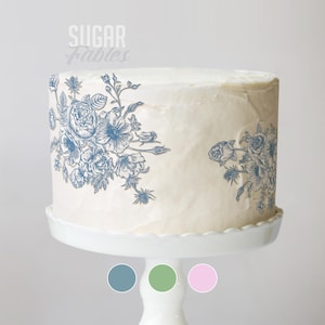 Floral Cake Stickers, Toile De Jouy Edible Images, Blue Pink or Green Chinoiserie Frosting Sheets, Vintage Wedding & Baby Shower Decor