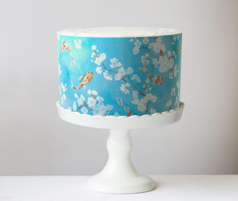 Cherry Blossoms and Koi Cake Wrap, Delicate Sakura Floral Edible Image, Zen Garden Tea Party Frosting Sheet, Luxury Baby & Bridal Showers image 2