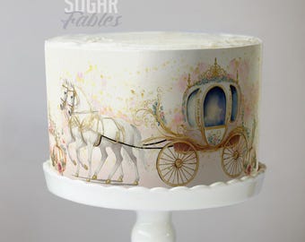 Envoltorio para pastel de carruaje de Cenicienta, imagen comestible de cuento de hadas de fantasía, lámina de glaseado para cumpleaños y bodas de princesas reales, decoraciones para baby shower