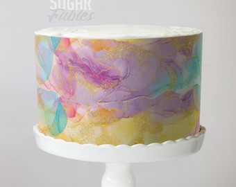 Rainbow Marble Cake Wrap Watercolor Whimsical Pastel Edible Image Dreamy Boho Faux Glitter Tie Dye Frosting Sheet Abstract Glam Decorations