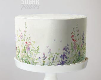 Envoltura de pastel de flores silvestres, acuarela floral, imagen comestible botánica, ella es una pequeña ducha de flores silvestres, decoraciones de boda bohemias