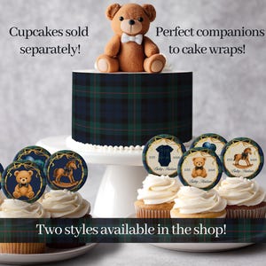 Puede incluir: Un pastel con un adorno de oso de peluche y un dise&ntilde;o de cuadros azules y verdes. Cupcakes con adornos a juego se muestran frente al pastel. Los adornos de los cupcakes presentan un oso de peluche, un caballito balanc&iacute;n y un body.