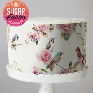 Roses and Birds Cake Wrap, Romantic Vintage Floral Edible Image, Botanical Charm Bridal Shower, Springtime Birds Baby or Wedding Shower