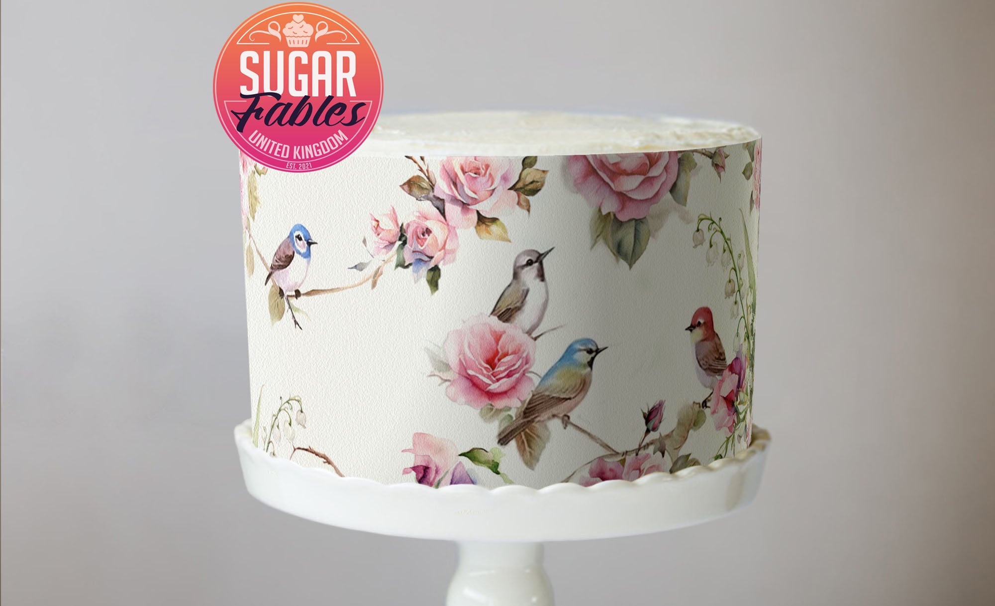 Roses and Birds Cake Wrap, Romantic Vintage Floral Edible Image, Botanical Charm Bridal Shower, Springtime Birds Baby or Wedding Shower