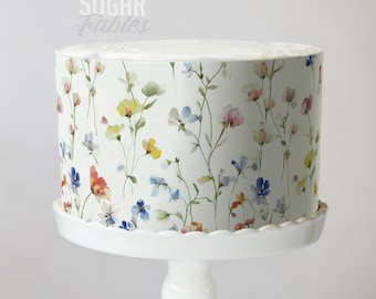 Envoltorio para pastel con diseño de prado de flores silvestres, imagen floral bohemia comestible, diseño de flores silvestres pastel para fiestas de jardín, bodas de primavera, baby showers y cumpleaños.