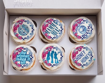 Cupcake de la Reina del Baile de Santorini, imágenes comestibles de estilo disco retro, adorno para fiesta de cumpleaños mediterránea, decoración de isla griega con temática disco Mamma Mia de los años 70