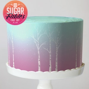 Enchanted Forest Frozen Cake Wrap Snowy Frozen Edible Image Birch Tree Snowy Cake Strip Pastel Princess Birthday Party Winter Decoration