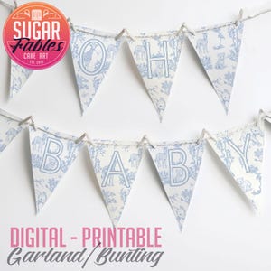 Guirnalda imprimible de safari Toile Oh Baby Toile de Jouy Banderines Guirnalda floral de selva estilo chinoiserie Baby Shower vintage Cumpleaños rústico