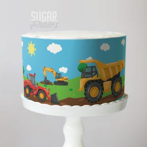 Construction Theme Cake Wrap Yellow Bulldozers & Diggers Edible Image Builder Exacavatore Vehicles Frosting Sheet for Kid's Birthday Party