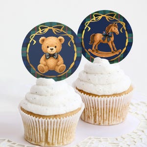 Adornos de polo para baby shower, estilo preppy, para cupcakes y galletas, tartán vintage, decoración clásica para guardería, cumpleaños de niño. imagen 2