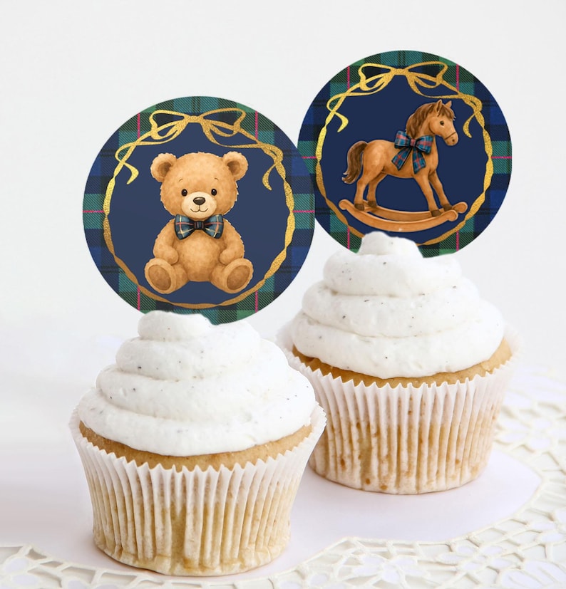 Adornos de polo para baby shower, estilo preppy, para cupcakes y galletas, tartán vintage, decoración clásica para guardería, cumpleaños de niño. imagen 2