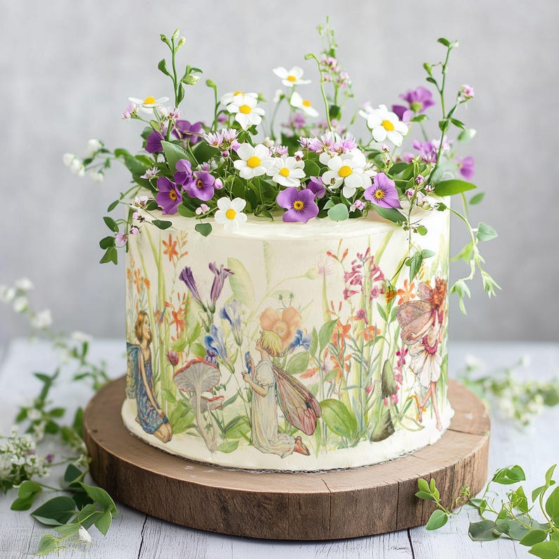 edible cake wrap features a delicate, hand-painted botanical illustration with fairies nestled among lush flowers, leaves, and mushrooms. The intricate artwork includes pastel tones with vibrant floral accents, evoking a whimsical, storybook-inspired aesthetic.