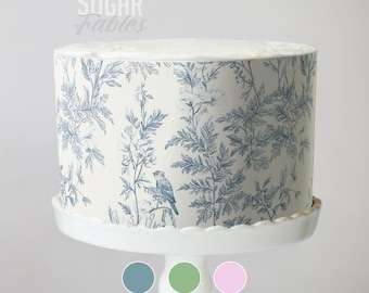 Envoltura para pastel Toile de Jouy con imagen comestible de pájaros y flores, lámina de glaseado estilo chinoiserie vintage, diseño floral salvia, rústico, minimalista, para bodas y baby shower