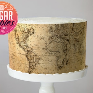 ヴィンテージの世界地図、アンティークの食べられる地図、ケーキラップ、アイシングシート！旅行用のケーキデコレーション。