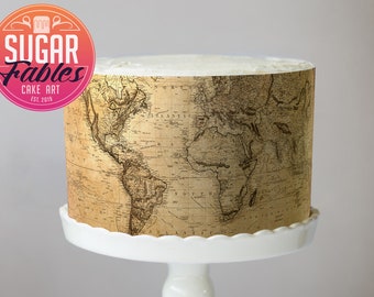 Vintage World Map, Antique Map Edible Image, Cake Wrap, icing sheet! Travel cake decorations.