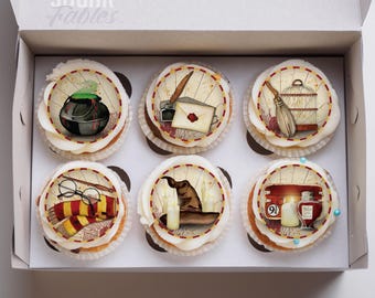 Adornos para la escuela de magos, cupcakes mágicos, sombrero seleccionador, adorno para galletas cubiertas de chocolate, libro de hechizos y poción, imagen comestible para una celebración mágica