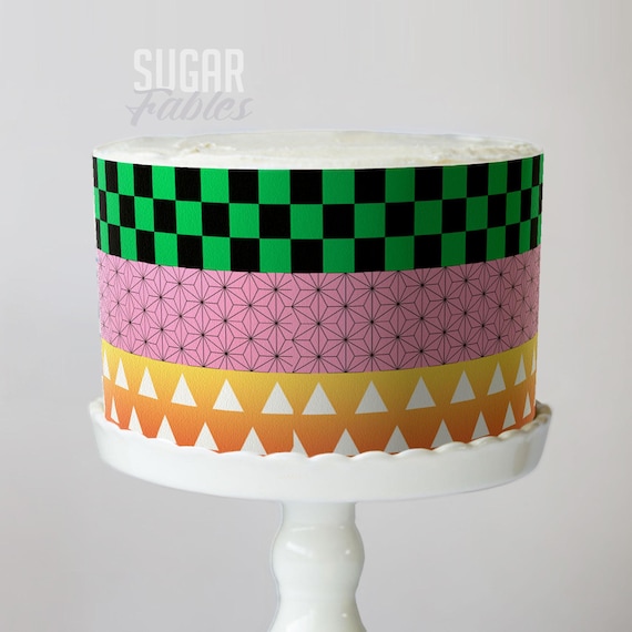 Anime Slayer Haori Robes Pattern Edible Image: Pink, Green Check Cake Wrap, Japanese Kimono Frosting Sheet