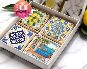 Mediterranean Tile Toppers Italian Ceramic Edible Images Positano Lemon Blue Cookies Amalfi Coastal Wedding Favors Square Rice Crispy Topper