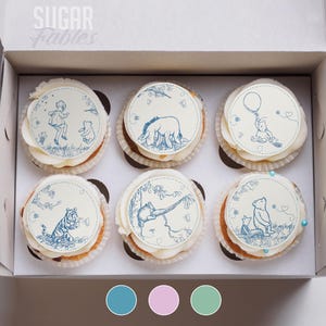Winnie the Pooh Toile Cupcake Toppers Toile De Jouy Edible Image Classic Bear Chinoiserie Cookies Vintage Winnie Baby Shower Treats