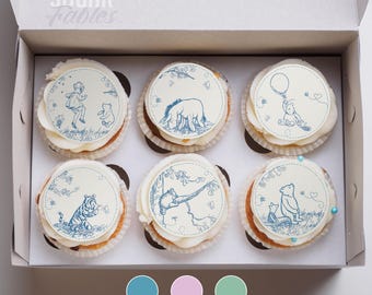Adornos para cupcakes de Winnie the Pooh en Toile de Jouy, imagen comestible, galletas clásicas de oso chinoiserie, golosinas vintage de Winnie para baby shower