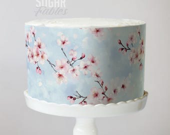 Cherry Blossoms Cake Wrap Sakura Flowers Edible Image Romantic Rustic Weddings Luxe Floral Pattern Bridal and Baby Shower Boho Party Decor