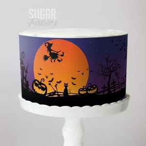 Halloween Moon Cake Wrap Cute Witchy Silhouette Edible Image Pumpkin Bat Harvest Night Frosting Sheet Haunted Graveyard For Spooky Parties