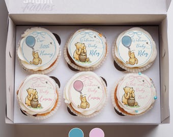Adornos para cupcakes clásicos personalizados de Winnie the Pooh, imagen comestible, pastel de miel, osito Pooh vintage, fiesta de cumpleaños, baby shower