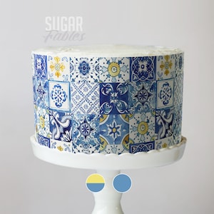 Blue Italian Tiles Cake Wrap: Mediterranean Edible Images Decoration La Doce Vita Inspired Frosting Sheets for Weddings & Baby Showers