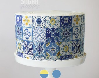 Blue Italian Tiles Cake Wrap Mediterranean Edible Images Decorative  Blue & Yellow Italian Cake Strips Weddings, Birthdays and Baby Showers