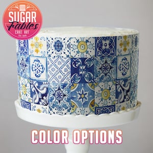 Carreaux italiens bleus de papier peint pour gâteau, images comestibles méditerranéennes, bandes décoratives bleues et jaunes pour gâteau, mariages, anniversaires et baby showers