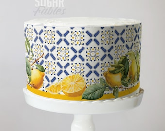 Italian Lemon Cake Wrap - Blue Tile Pattern Edible Image Mediterranean Citrus Theme For Weddings, Summer Party, Bridal & Baby Showers