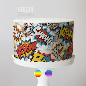 Superhero Comic Book Cake Wrap Pop Art Edible Images Action Words Frosting Sheet Bam Pow Wham Birthday Party Hero Theme Retro Cartoon Topper