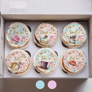 Adornos para cupcakes de Alicia en el país de las maravillas, adornos para cupcakes del Sombrerero Loco, imágenes comestibles para fiestas de té de cumpleaños, galletas para baby shower de Alicia en el país de las maravillas, bodas vintage en el país de las maravillas.